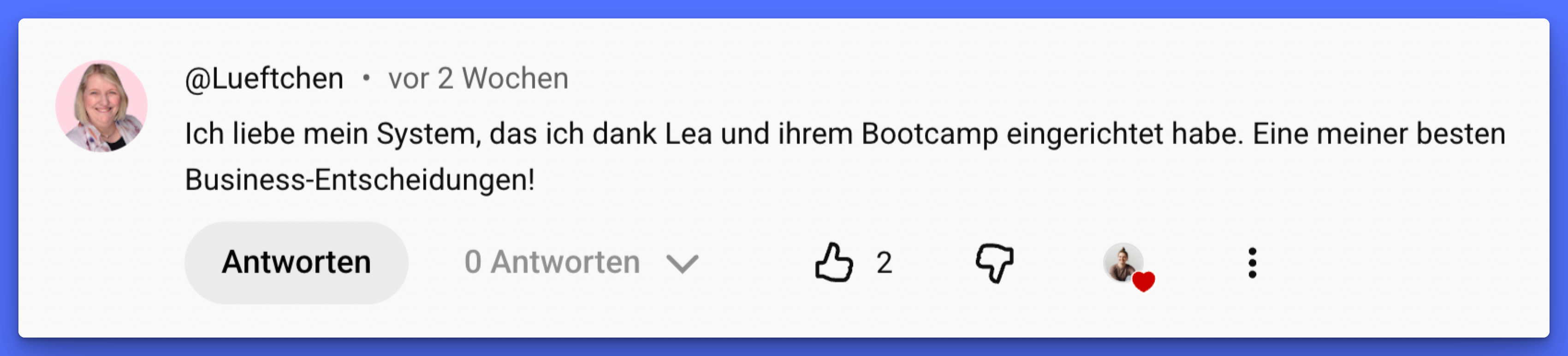YouTube-Kommentar von Anja als Testimonial zum Agent Bootcamp