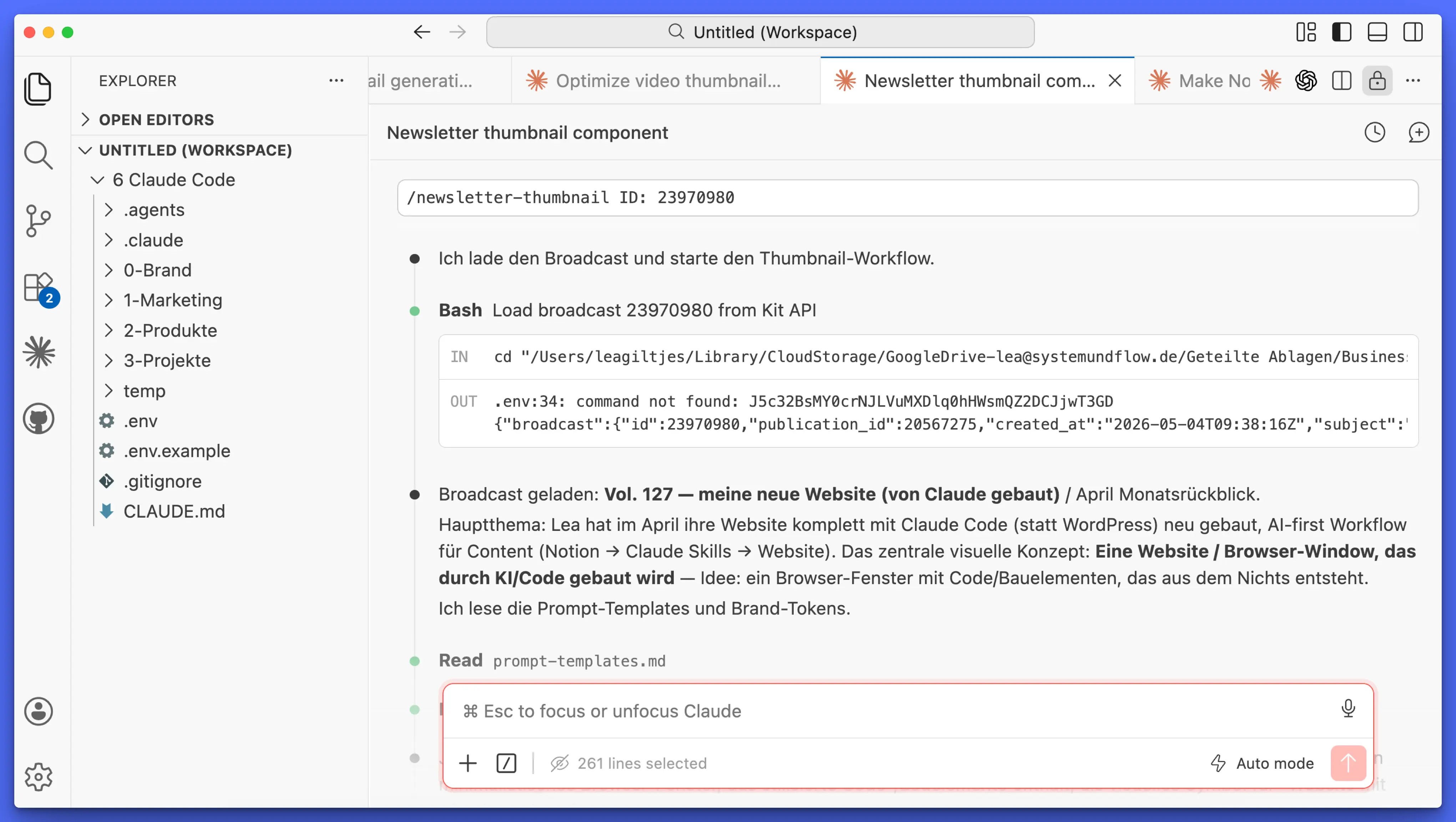 Claude Code erstellt im Terminal ein Newsletter-Thumbnail über einen Skill