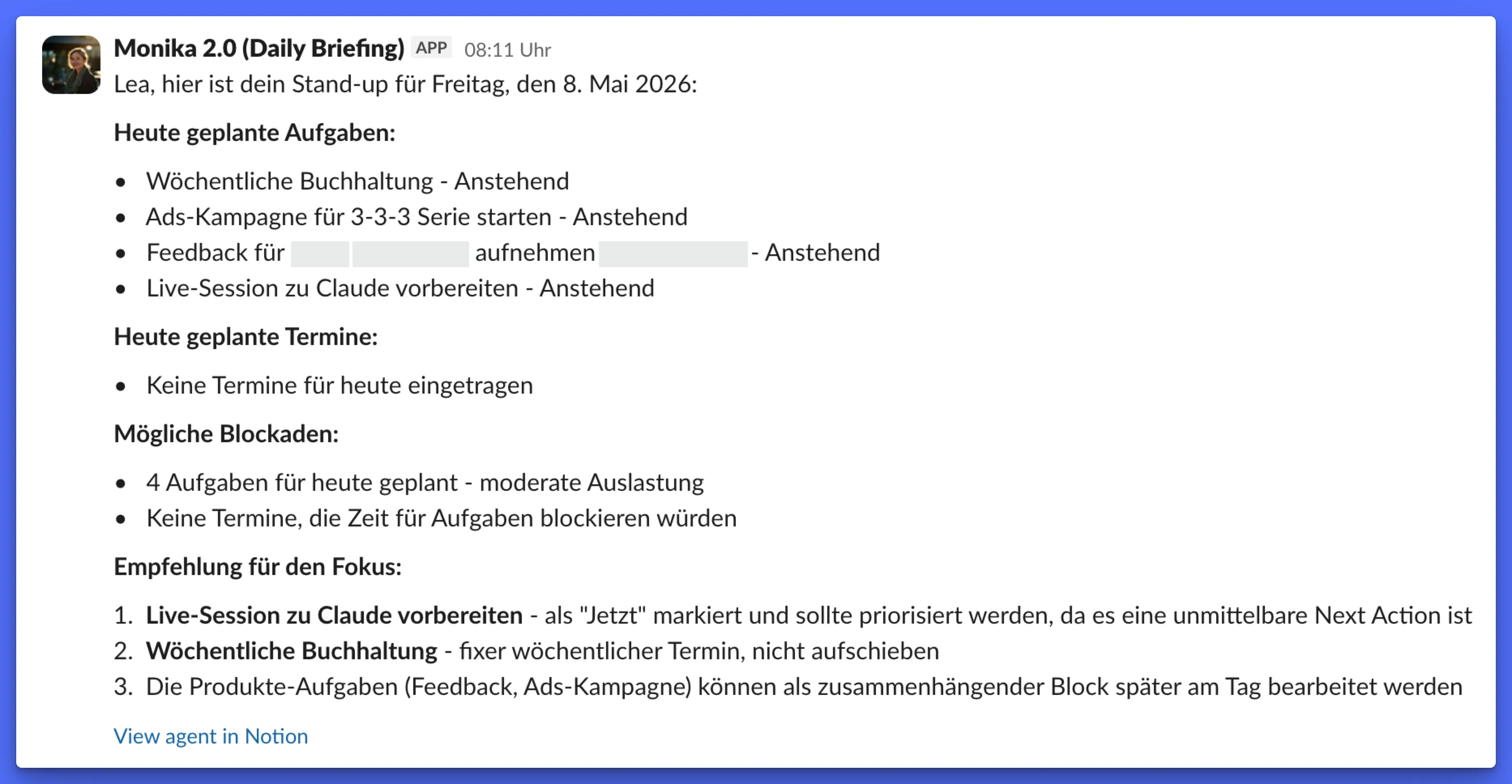Slack-Nachricht von Monikas Daily-Briefing-Agent mit Tagesaufgaben