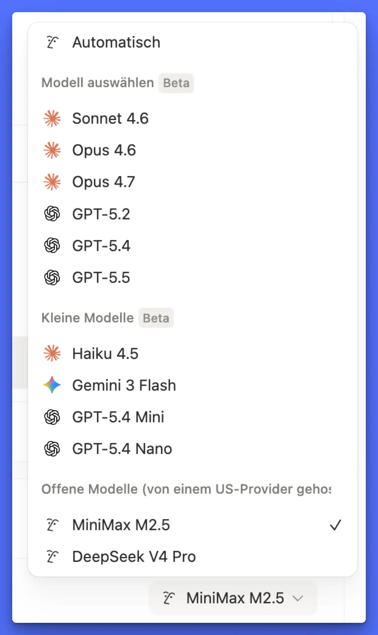 Auswahl der Sprachmodelle (LLMs) in den Custom Agent Einstellungen