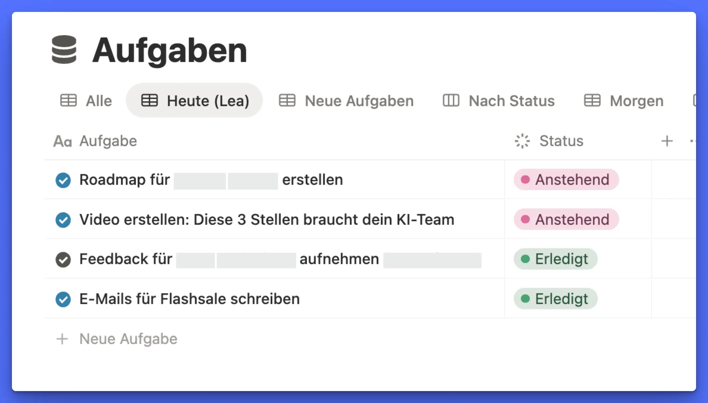 Gefilterte Notion-Datenbankansicht mit nur den heutigen Aufgaben