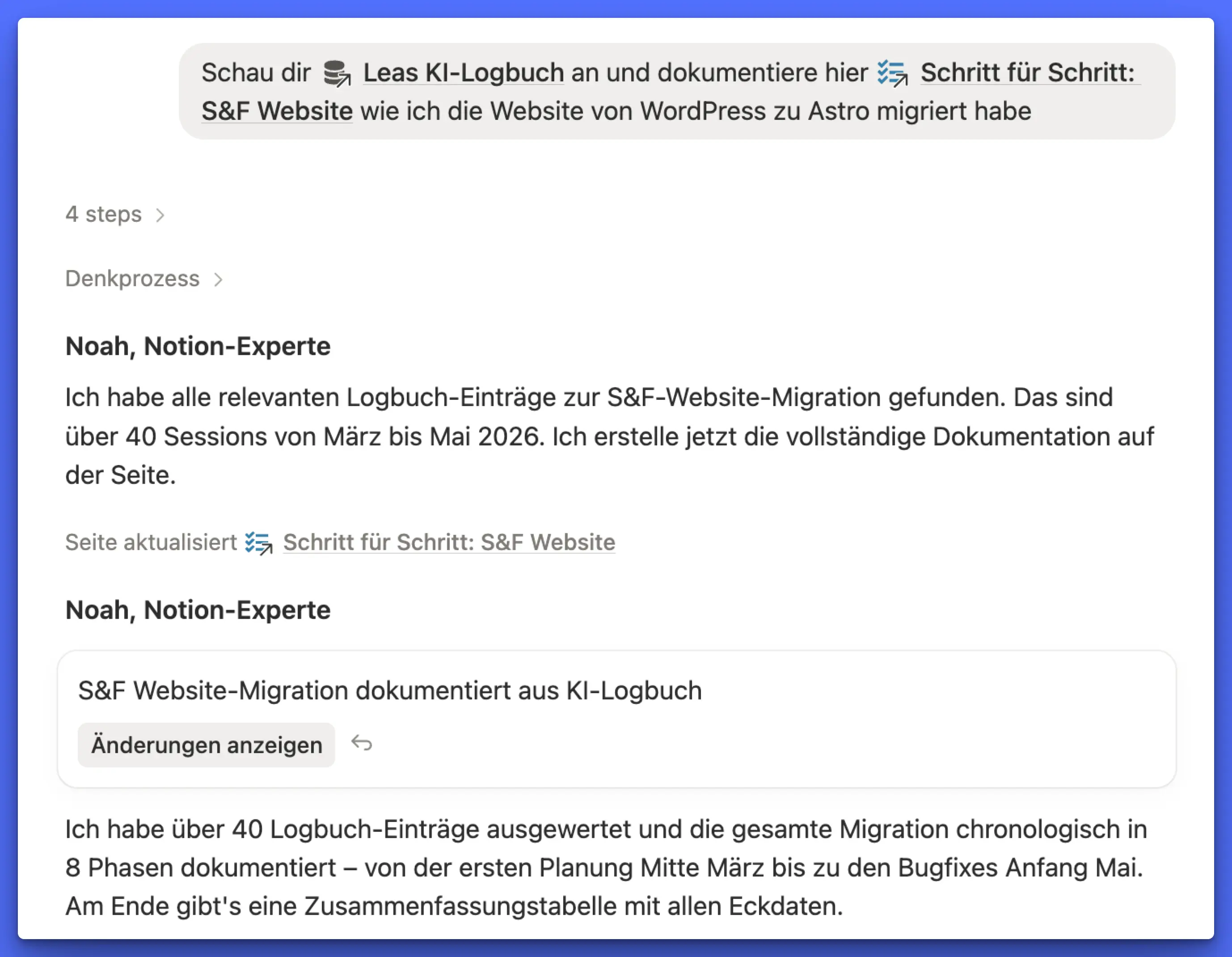 Beispiel-Chat in der Notion KI, in dem automatisch das passende Teammitglied für die Aufgabe ausgewählt wird