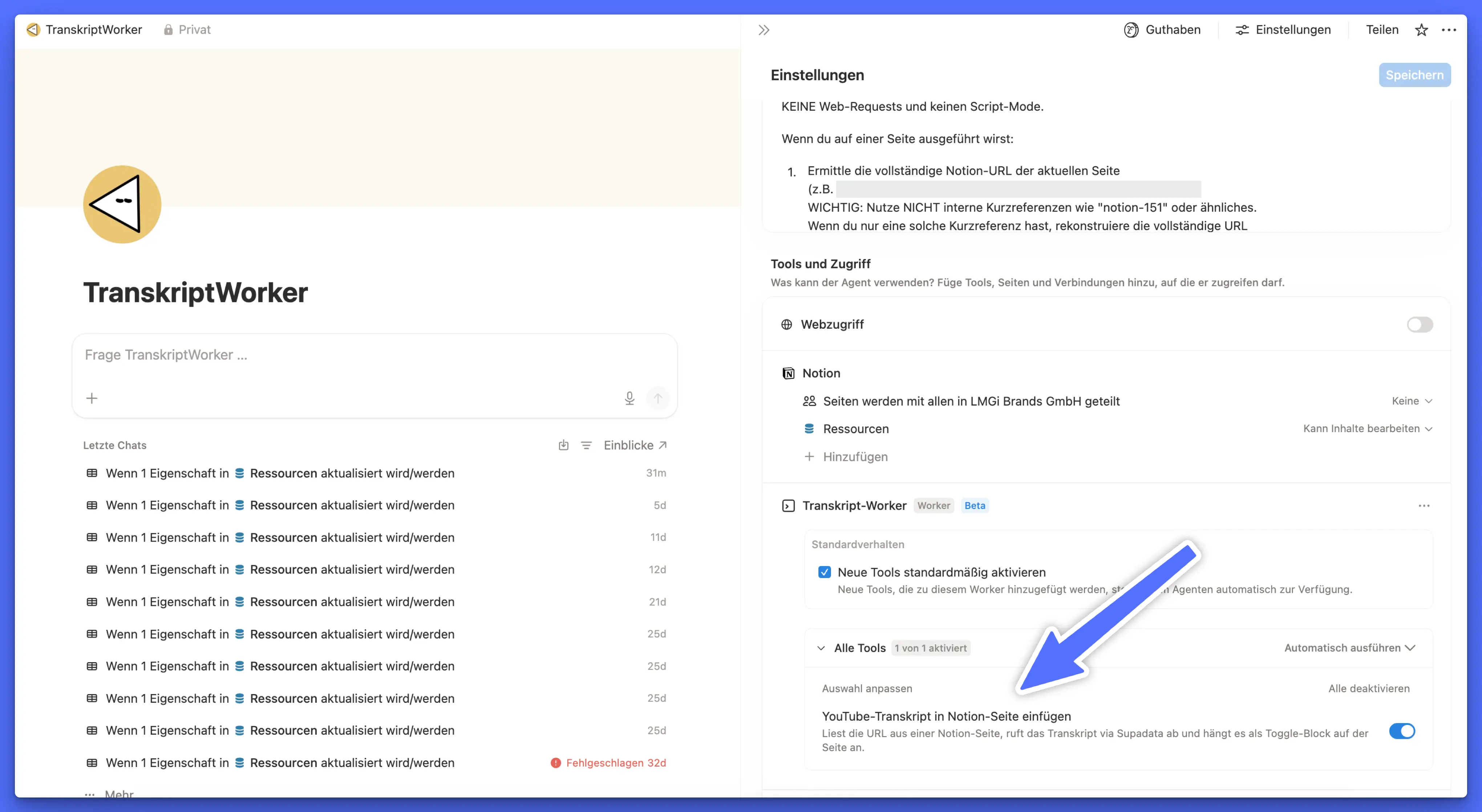 Notion-Datenbankeintrag mit automatisch hinzugefügtem YouTube-Transkript, geholt per Worker