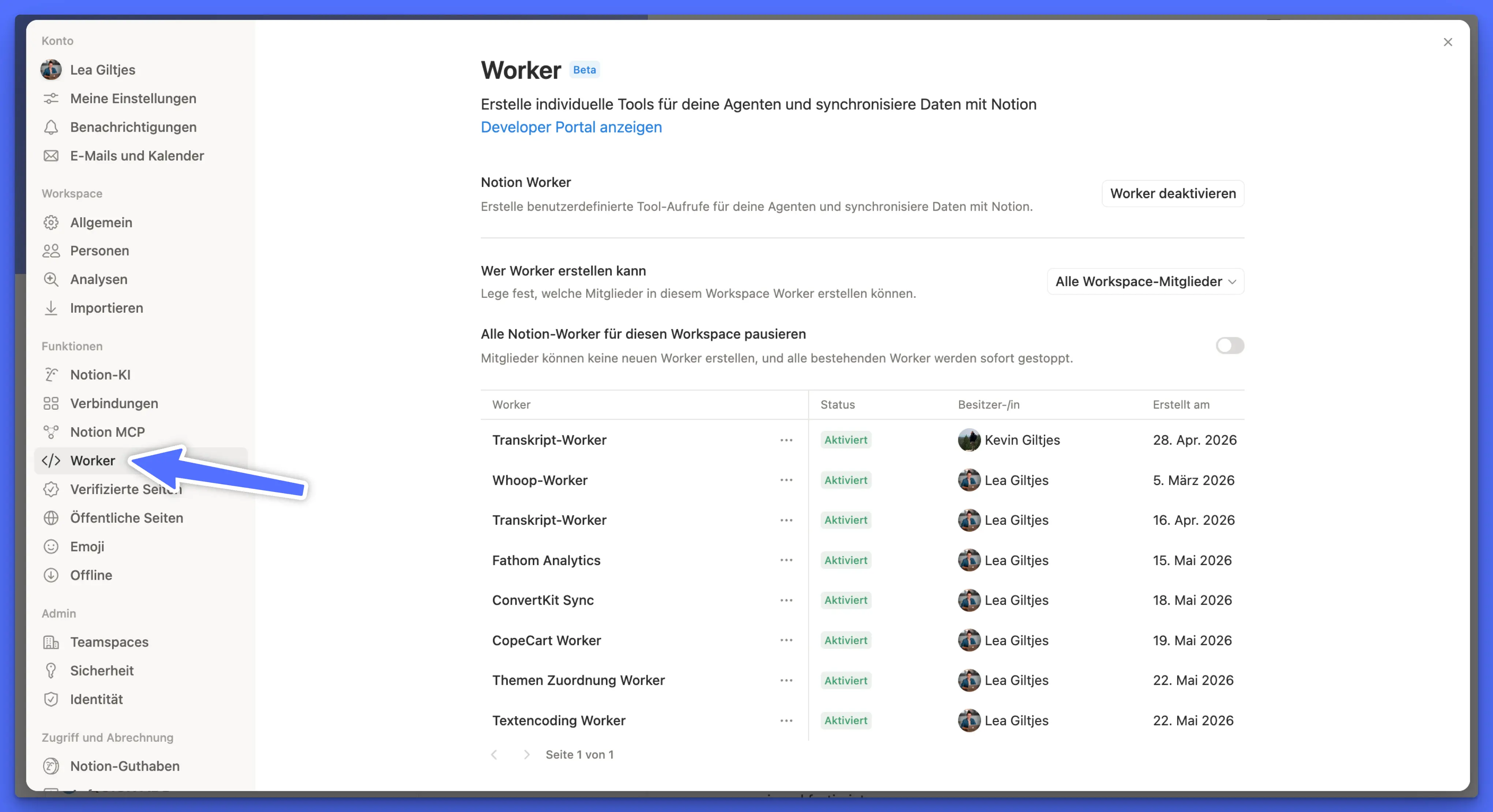 Notion-Einstellungsmenü, in dem Notion Workers für den Workspace aktiviert werden
