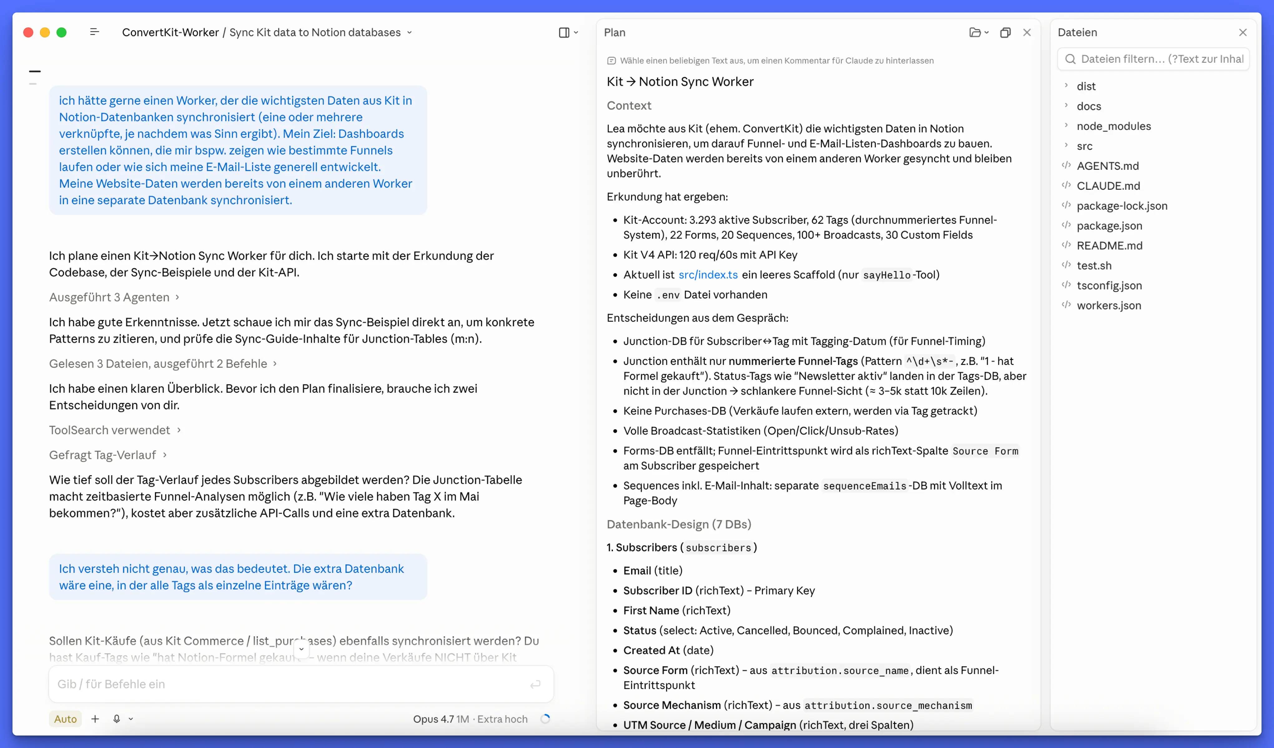 Claude Code im Plan-Modus, der einen neuen Notion Worker plant und Rückfragen stellt