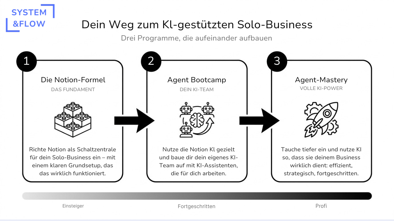 Übersicht der vier System-&-Flow-Angebote und wie sie aufeinander aufbauen