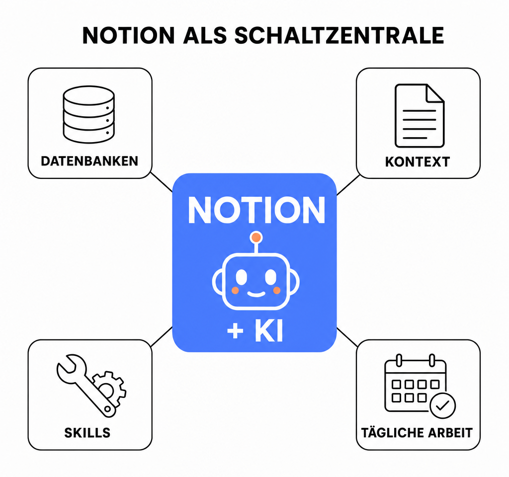 Infografik: Notion als zentrale Schaltzentrale, in der Wissen, Kontext, Skills und die KI an einem Ort zusammenkommen