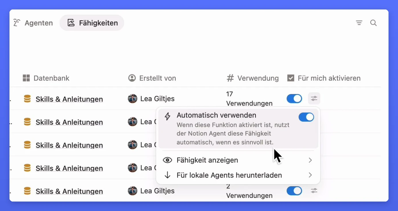 Reiter Fähigkeiten in der Notion-Bibliothek mit den Spalten Verwendung und Für mich aktivieren sowie dem Schalter Automatisch verwenden
