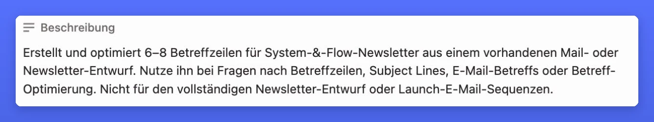 Eigenschaft Beschreibung eines Notion-Skills für Newsletter-Betreffzeilen mit Einsatzfällen und Abgrenzung