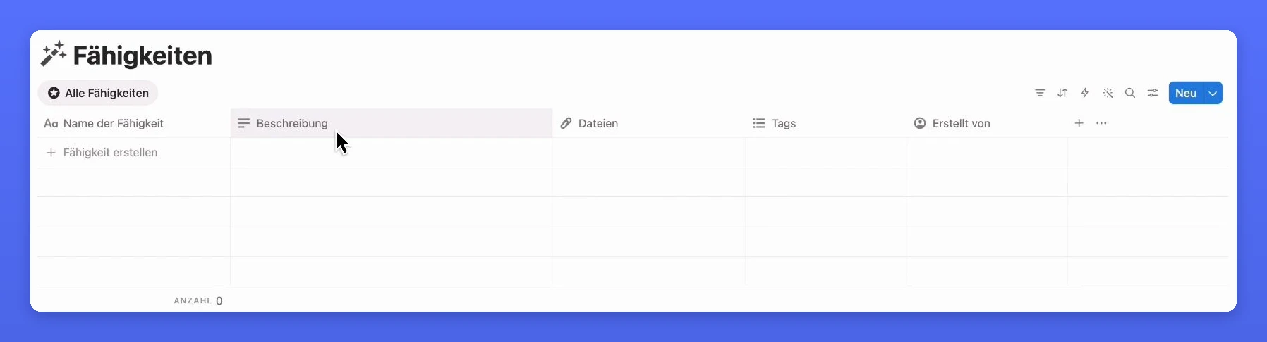 Neue, leere Skills-Datenbank in Notion mit den Eigenschaften Beschreibung, Dateien und Tags